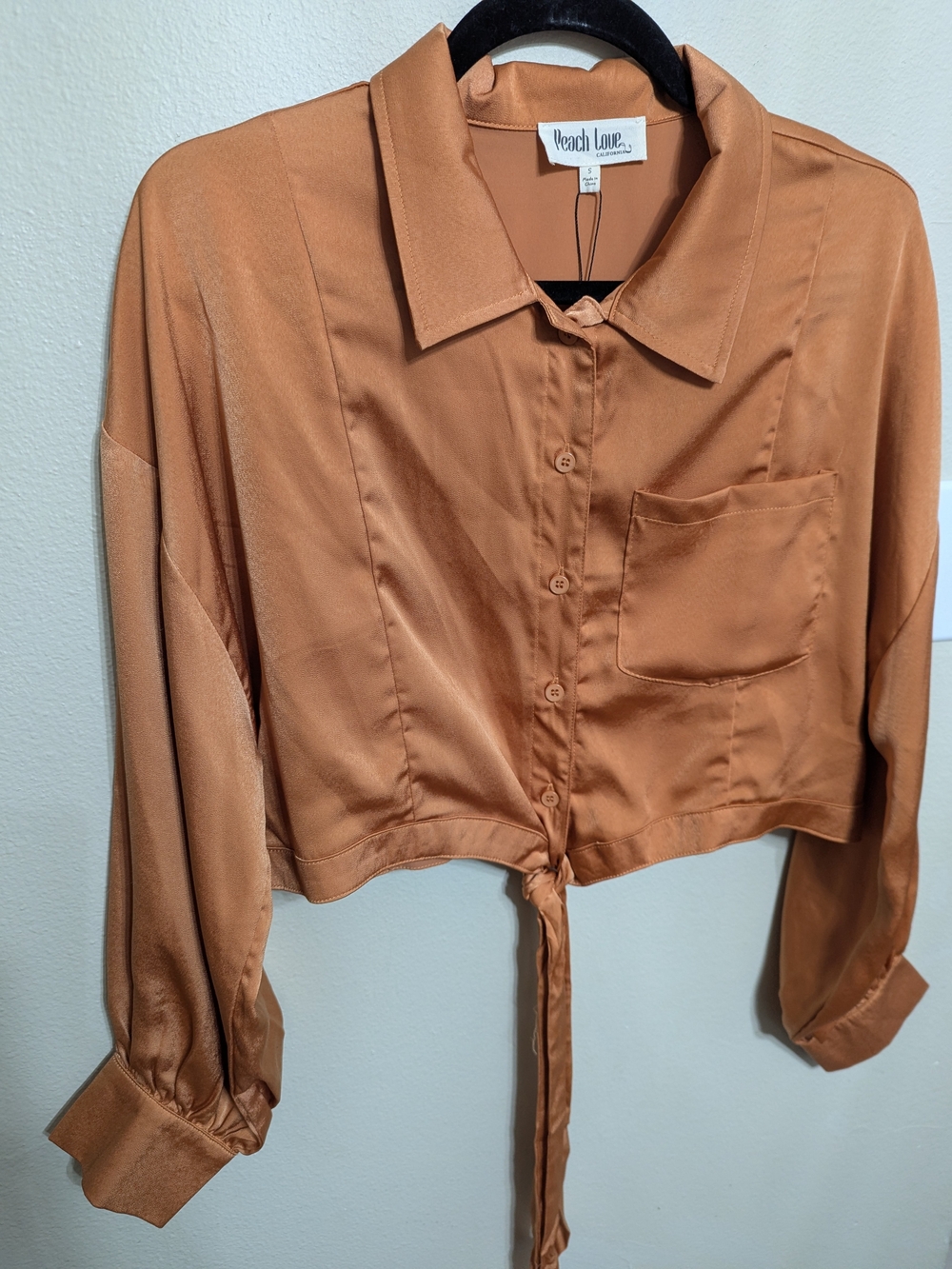Peach Love California Copper Tie-Front Satin Button-Down Shirt